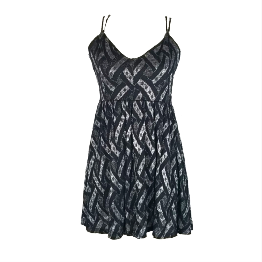 Y2K Silver Black Print A-line Metallic Bling Strappy Crisscross Mini Party Dress